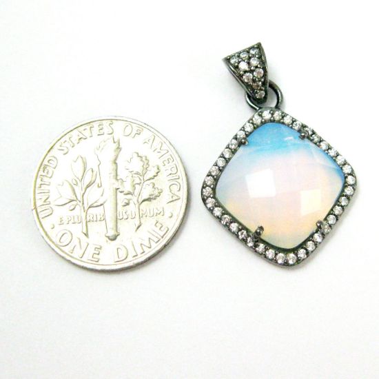 Wholesale Oxidized Sterling Silver Opalite Quartz Bezel Gemstone Diamond Shape Pave Pendant, Wholesale Gemstone Pendants for Jewelry Making