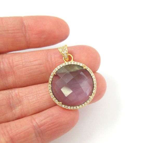 Wholesale Gold plated Sterling Silver Iolite Quartz  Bezel Gemstone Round Pave Pendant, Wholesale Gemstone Pendants for Jewelry Making