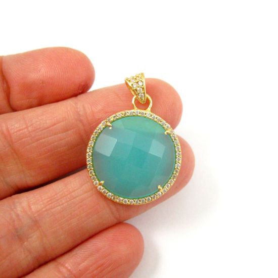 Wholesale Gold plated Sterling Silver Peru Chalcedony Bezel Gemstone Round Pave Pendant, Wholesale Gemstone Pendants for Jewelry Making
