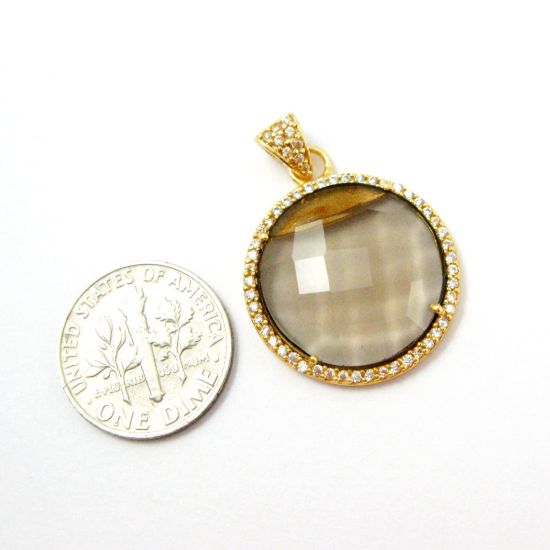 Wholesale Gold plated Sterling Silver Smokey Quartz Bezel Gemstone Round Pave Pendant, Wholesale Gemstone Pendants for Jewelry Making