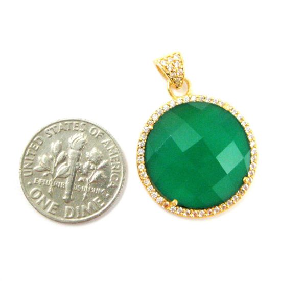 Wholesale Gold plated Sterling Silver Green Onyx Bezel Gemstone Round Pave Pendant, Wholesale Gemstone Pendants for Jewelry Making