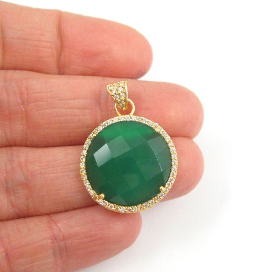 Wholesale Gold plated Sterling Silver Green Onyx Bezel Gemstone Round Pave Pendant, Wholesale Gemstone Pendants for Jewelry Making