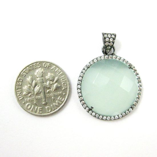 Wholesale Oxidized Sterling Silver Aqua Chalcedony Bezel Gemstone Round Pave Pendant, Wholesale Gemstone Pendants for Jewelry Making