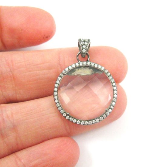 Wholesale Oxidized Sterling Silver Crystal Quartz Bezel Gemstone Round Pave Pendant, Wholesale Gemstone Pendants for Jewelry Making