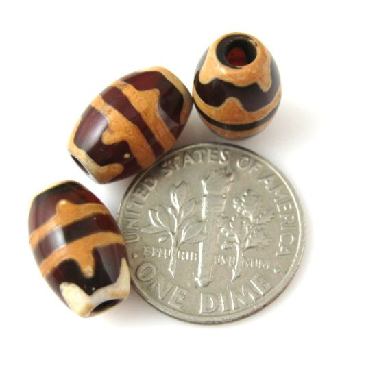 Wholesale Carnelian dZi bead - Oval Shape with Twin Tiger's Teeth -- 12mm by 8mm ( 3 pcs)