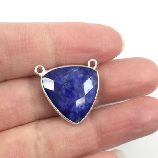 Wholesale Sterling Silver Blue Sapphire Dyed Large Trillion Shaped Bezel Gemstone Connector Links, Wholesale Gemstone Charms and Pendants for Jewelry Making