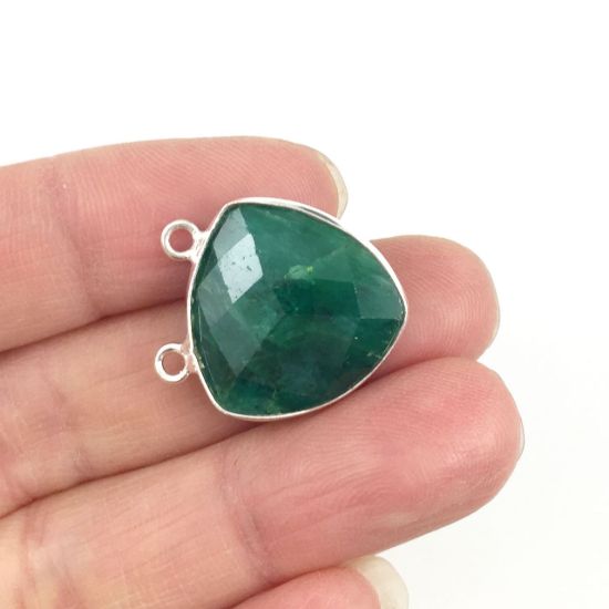 Wholesale Sterling Silver Emerald Dyed Large Trillion Shaped Bezel Gemstone Connector Links, Wholesale Gemstone Charms and Pendants for Jewelry Making