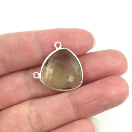 Wholesale Sterling Silver Green Amethyst Quartz Large Trillion Shaped Bezel Gemstone Connector Links, Wholesale Gemstone Charms and Pendants for Jewelry Making