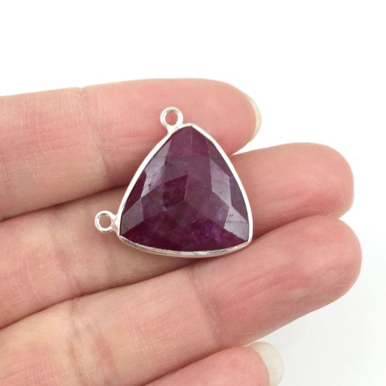 Wholesale Sterling Silver Ruby Dyed Large Trillion Shaped Bezel Gemstone Connector Links, Wholesale Gemstone Charms and Pendants for Jewelry Making