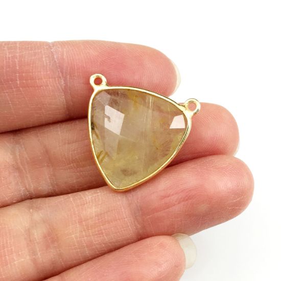 Wholesale Gold plated Sterling Silver Gold Rutilated Quartz Large Trillion Shaped Bezel Gemstone Connector Links, Wholesale Gemstone Charms and Pendants for Jewelry Making