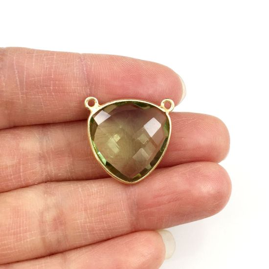 Wholesale Gold plated Sterling Silver Green Amethyst Quartz Large Trillion Shaped Bezel Gemstone Connector Links, Wholesale Gemstone Charms and Pendants for Jewelry Making