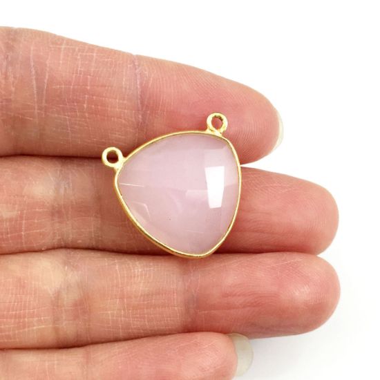 Wholesale Gold plated Sterling Silver Pink Chlacedony Large Trillion Shaped Bezel Gemstone Connector Links, Wholesale Gemstone Charms and Pendants for Jewelry Making