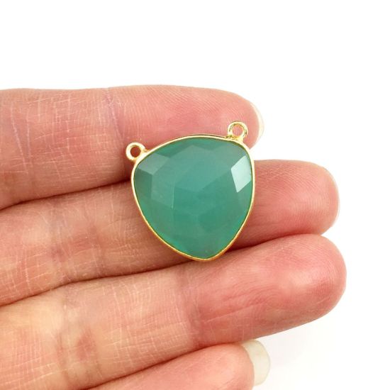 Wholesale Gold plated Sterling Silver Peru Chlacedony Large Trillion Shaped Bezel Gemstone Connector Links, Wholesale Gemstone Charms and Pendants for Jewelry Making