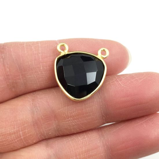 Wholesale Gold plated Sterling Silver Black Onyx Small Trillion Shaped Bezel Gemstone Connector Links, Wholesale Gemstone Charms and Pendants for Jewelry Making