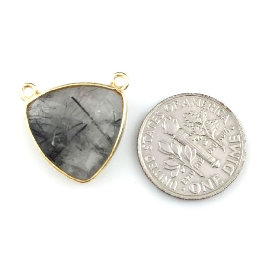 Wholesale Gold plated Sterling Silver Black Rutilated Quartz Small Trillion Shaped Bezel Gemstone Connector Links, Wholesale Gemstone Charms and Pendants for Jewelry Making