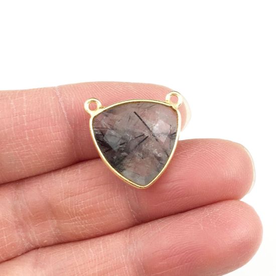 Wholesale Gold plated Sterling Silver Black Rutilated Quartz Small Trillion Shaped Bezel Gemstone Connector Links, Wholesale Gemstone Charms and Pendants for Jewelry Making