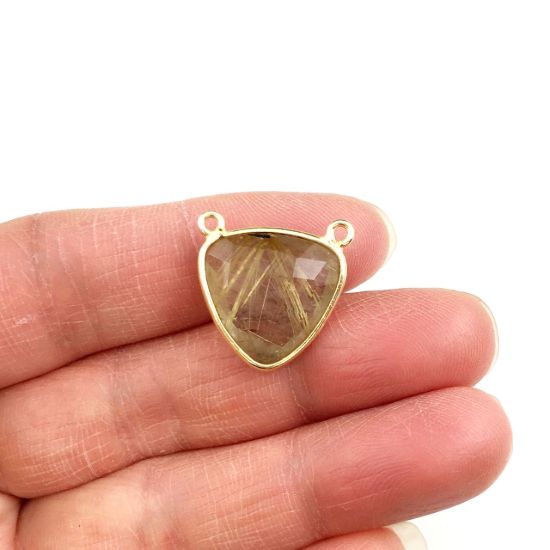 Wholesale Gold plated Sterling Silver Gold Rutilated Quartz Small Trillion Shaped Bezel Gemstone Connector Links, Wholesale Gemstone Charms and Pendants for Jewelry Making