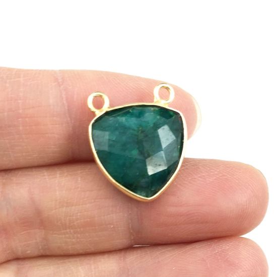 Wholesale Gold plated Sterling Silver Emerald Dyed Small Trillion Shaped Bezel Gemstone Connector Links, Wholesale Gemstone Charms and Pendants for Jewelry Making