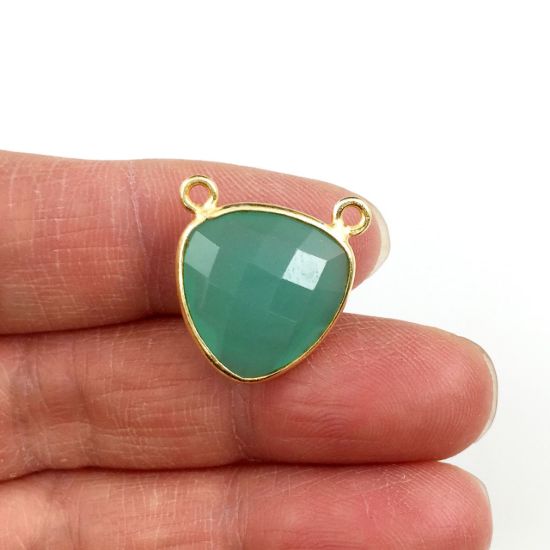 Wholesale Gold plated Sterling Silver Pink Chalcedony Small Trillion Shaped Bezel Gemstone Connector Links, Wholesale Gemstone Charms and Pendants for Jewelry Making