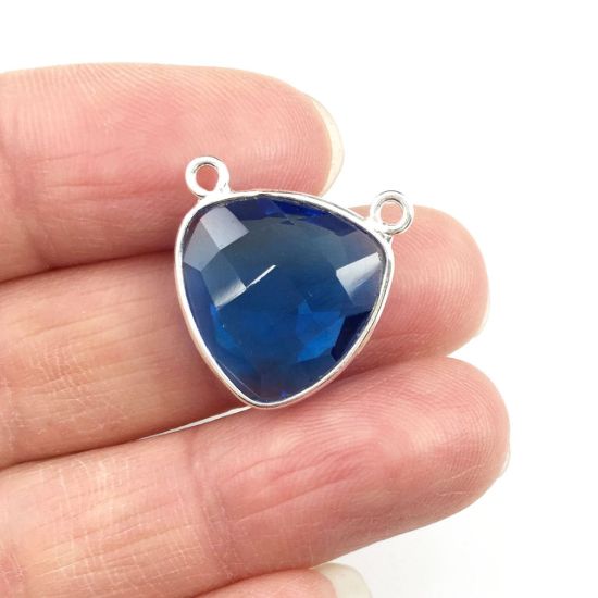 Wholesale Sterling Silver Blue Quartz Small Trillion Shaped Bezel Gemstone Connector Links, Wholesale Gemstone Charms and Pendants for Jewelry Making