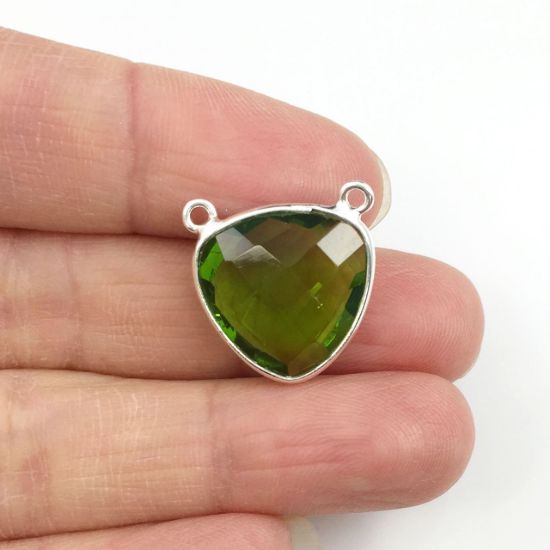 Wholesale Sterling Silver Peridot Quartz Small Trillion Shaped Bezel Gemstone Connector Links, Wholesale Gemstone Charms and Pendants for Jewelry Making