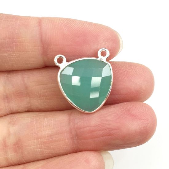 Wholesale Sterling Silver Peru Chalcedony Small Trillion Shaped Bezel Gemstone Connector Links, Wholesale Gemstone Charms and Pendants for Jewelry Making