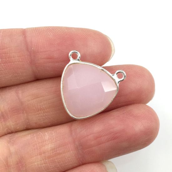 Wholesale Sterling Silver Pink Chalcedony Small Trillion Shaped Bezel Gemstone Connector Links, Wholesale Gemstone Charms and Pendants for Jewelry Making