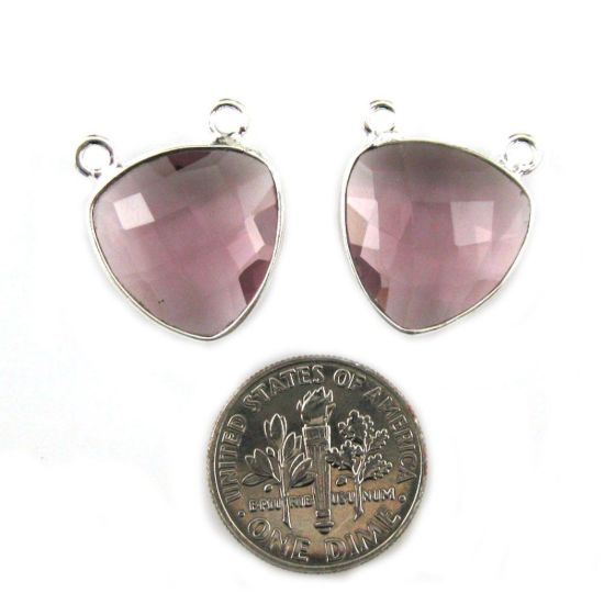 Wholesale Sterling Silver Pink Amethyst Quartz Small Trillion Shaped Bezel Gemstone Connector Links, Wholesale Gemstone Charms and Pendants for Jewelry Making