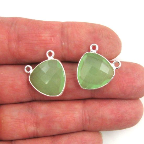 Wholesale Sterling Silver Prehnite Chalcedony Small Trillion Shaped Bezel Gemstone Connector Links, Wholesale Gemstone Charms and Pendants for Jewelry Making