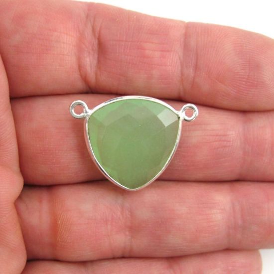 Wholesale Sterling Silver Prehnite Chalcedony Large Trillion Shaped Bezel Gemstone Connector Links, Wholesale Gemstone Charms and Pendants for Jewelry Making