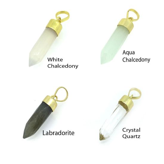 Wholesale Gemstone Spike Pendant, White Chalcedony - Gold plated Sterling Silver Gemstone Spike Pendant - Faceted Point Gem Pendant - 29mm