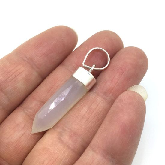 Wholesale Gemstone Spike Pendant, White Chalcedony - Sterling Silver Gemstone Spike Pendant - Faceted Point Gem Pendant - 29mm