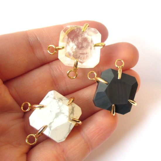 Wholesale Faceted Octagon Gemstone Connector Pendant - Black Agate - Large Stone Prong Setting - 20- 26mm