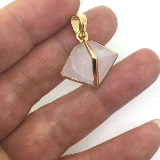 Gold Plated Frosted Crystal Quartz Octahedron Gemstone Pendant - 8 Sided Gemstone Pendant - 25mm