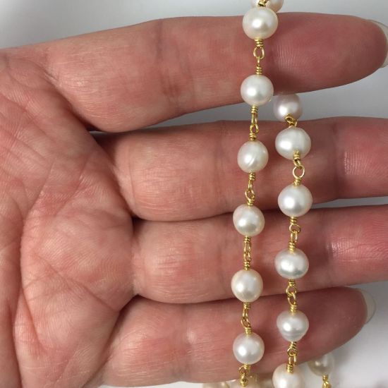 Wholesale Wire Wrapped Freshwater Pearls - White Pearl Rosary Chains- 5 - 6 mm - Gold Plated Jewelry Making Chains- Sold per Foot