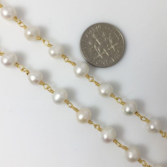 Wholesale Wire Wrapped Freshwater Pearls - White Pearl Rosary Chains- 5 - 6 mm - Gold Plated Jewelry Making Chains- Sold per Foot
