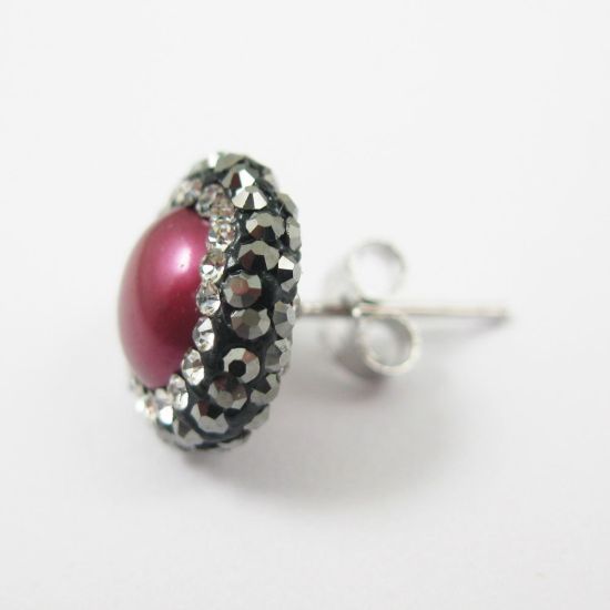 Wholesale Hot Pink Freshwater Pearl Pave Earring,  Sterling Silver Posts, Pearl and Pave Earrings - 1 pair