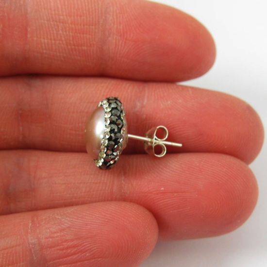 Wholesale Pink Freshwater Pearl Pave Earring, Sterling Silver Posts, Pearl and Pave Earrings - 1 pair