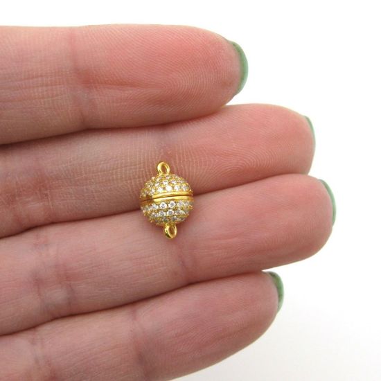 Wholesale Gold Plated Sterling Silver Paved CZ Stone Round Magnetic Clasp - 8mm (1 clasp)