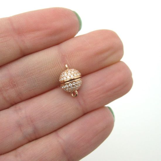 Wholesale Rose Gold Plated Sterling Silver Paved CZ Stone Round Magnetic Clasp - 8mm (1 clasp