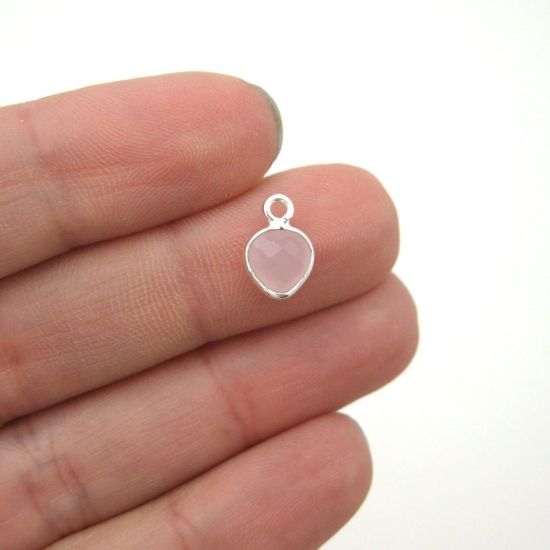 Sterling Silver Bezel Charm Pendant - 10x7mm Tiny Heart Shape - Pink Chalcedony