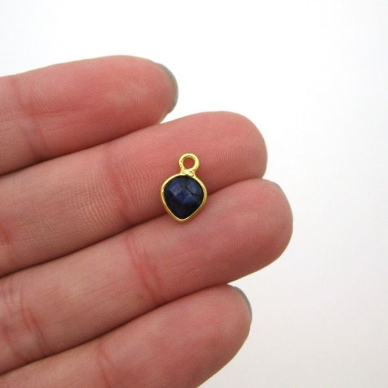 Wholesale Gold Over Sterling Silver Bezel Charm Pendant - 10 x 7mm Tiny Heart Shape - Blue Sapphire Dyed - September Birthstone