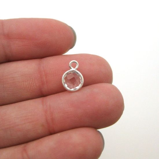Wholesale Sterling Silver Bezel Charm Pendant - 7mm Tiny Circle Shape - Crystal Quartz - April Birthstone