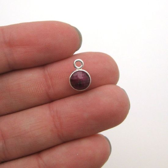 Wholesale Sterling Silver Bezel Charm Pendant - 7mm Tiny Circle Shape - Ruby Dyed - July Birthstone