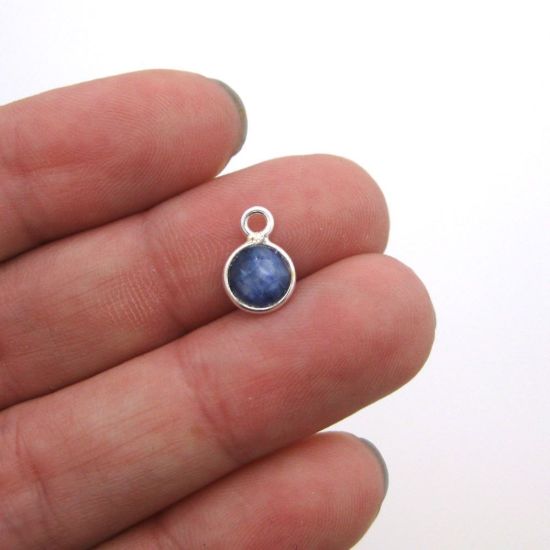 Wholesale Sterling Silver Bezel Charm Pendant - 7mm Tiny Circle Shape - Blue Sapphire Dyed - September Birthstone