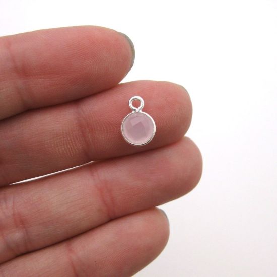 Wholesale Sterling Silver Bezel Charm Pendant - 7mm Tiny Circle Shape - Pink Chalcedony