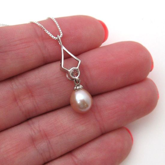 Wholesale Sterling Silver Pink Freshwater Pearl and CZ Stone Diamond Shaped Pendant Necklace-16"