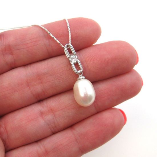 Wholesale Sterling Silver White Freshwater Pearl and CZ Stone Elongated Oval Pendant Necklace-18"