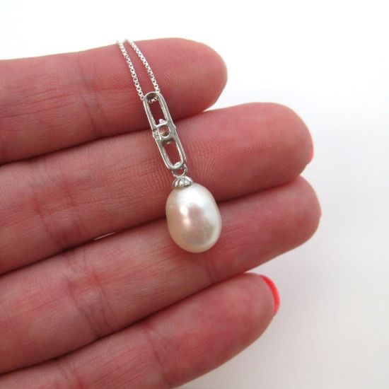 Wholesale Sterling Silver White Freshwater Pearl and CZ Stone Elongated Oval Pendant Necklace-18"