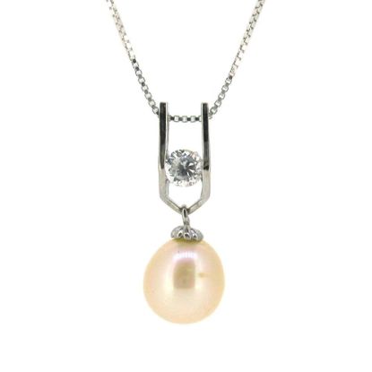 Wholesale Sterling Silver Cream Freshwater Pearl and CZ Stone Pendant Necklace-18"